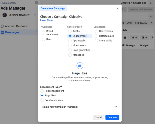 Erstellung einer neuen Kampagne mit dem Facebook-Werbeanzeigenmanager