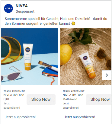 NIVEA bewirbt mit einer Carousel Ad sofort kaufbare产品