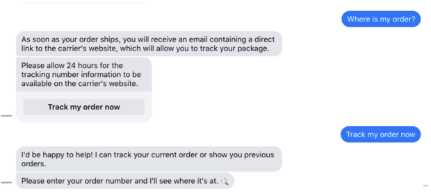 facebook messenger机器人帮助跟踪订单。