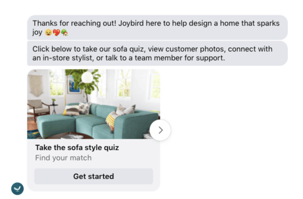 在Facebook信使Joybird沙发风格测验