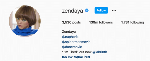 Zendaya Instagram生物