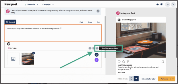 Adding hashtag recommendations to a social media post in Hootsuite Composer